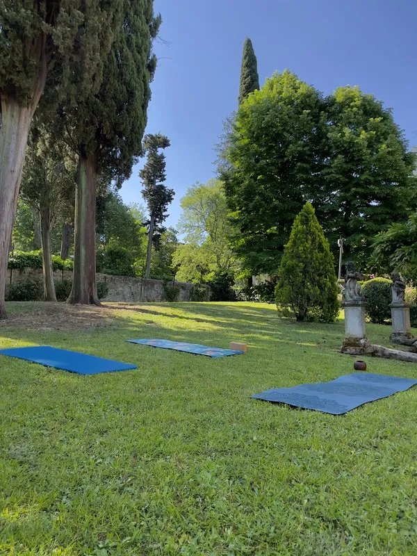 Tappetini da Yoga sul prato del giardino